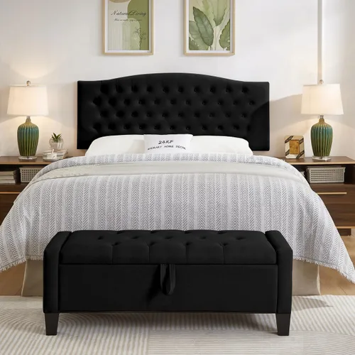 Vista 7 de 24KF 6058-Q - Cabecera tapizada de terciopelo con botones para montar en la pared, cómoda y a la moda, tamaño Queen/Matrimonial, color negro