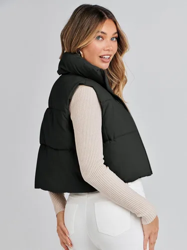 Vista 3 de MEROKEETY Chaleco acolchado para mujer, ligero, cuello alto, sin mangas, con cremallera, acolchado