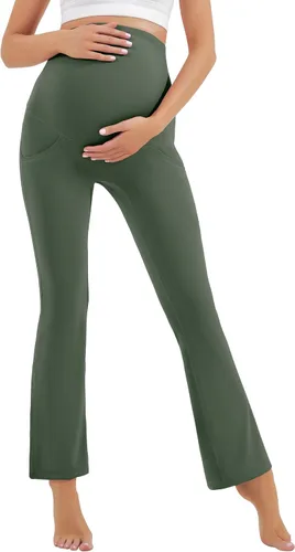 Vista 4 de HEGALY Leggings acampanados de maternidad para mujer sobre el vientre, pantalones casuales de yoga para embarazo, con bolsillos, suaves como