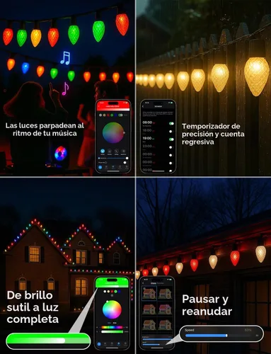 Vista 9 de Popotan C-9 Luces LED de Navidad para Exteriores, 33 Pies 50 LEDs Luces de Cadena RGB Inteligentes con Control Remoto de Aplicación, 108 Modos