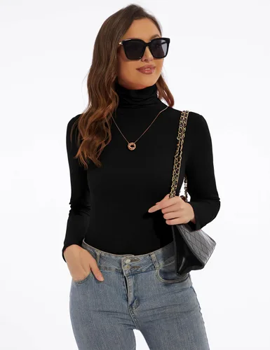 Vista 4 de DSPSAM Camisas de manga larga con cuello alto para mujer, ajustadas, ligeras, capa base, tops casuales