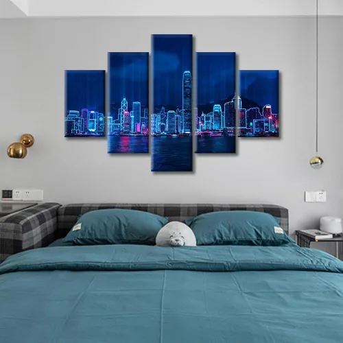 Vista 264 de Cuadros de 5 paneles de Cyberpunk City, arte de pared, representación de vallas publicitarias, edificios modernos en la capital con obras de arte