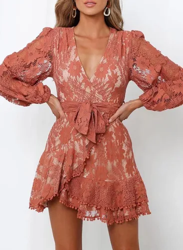 Vista 2 de FARYSAYS Womens Long Sleeve V Neck Lace Wrap Mini Dresses