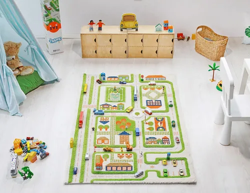 Vista 10 de IVI Alfombra de juego gruesa 3D para niños con diseño de ciudad colorida con campo de fútbol, estacionamiento y carreteras, azul, 32 x 45 pulgadas