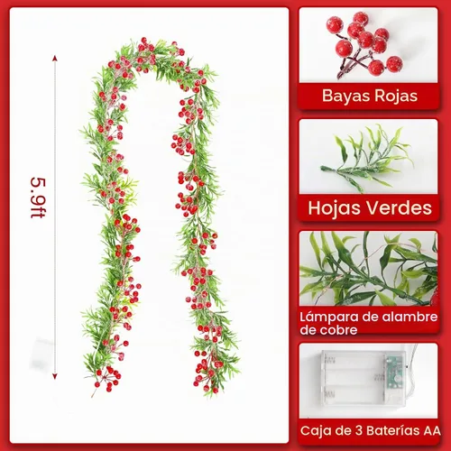 Vista 3 de Joyhalo Guirnalda de Navidad con luces que funciona con pilas, guirnalda de Navidad iluminada con 20 luces LED de bayas rojas de 5.6 pies