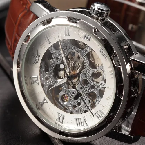 Vista 4 de Reloj de pulsera de cuero marrón mecánico con esfera blanca para hombre PMW302, Blanco