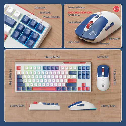 Vista 5 de Combo de teclado y mouse inalámbricos 2.4G, juego de mouse con retroiluminación RGB para Windows, Android y MacOS, teclado estético con dongle USB