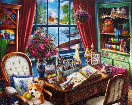 Vista 8 de Springbok Creative Mood - Rompecabezas de 1000 piezas para adultos, corgi en estudio de arte, piezas de corte único, fabricado en Estados Unidos
