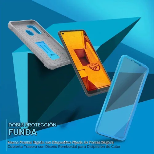 Vista 6 de FITO Funda para Samsung Galaxy A21, doble capa a prueba de golpes resistente con protector de pantalla para teléfono Samsung A21, soporte Azul
