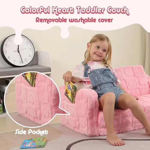 Vista 4 de MOMCAYWEX Sofá para bebé, 2 en 1, sofá suave para niños plegable con almohada de estrellas, sofá plegable para convertir en sofá cama, extra ancho