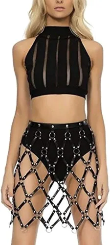 Vista 3 de CYWYX Disfraces del partido arnés del cuerpo ajustable ahueca hacia fuera cuero de la PU tejidas faldas de moda, Pg01., talla única