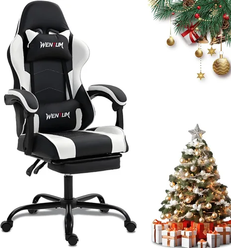 Vista 10 de Silla de juegos con reposapiés para adultos, silla de videojuegos de carreras de piel sintética con soporte lumbar, para hombres y mujeres, silla
