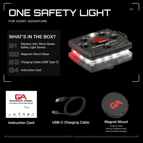 Vista 4 de Guardian Angel, Micro Series - Luces de seguridad, (Frente completamente blanco y parte trasera roja) Linterna LED recargable, magnética