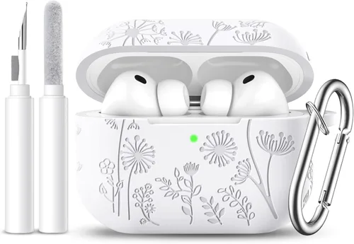 Vista 13 de Lerobo Funda para AirPods 5/4, funda de silicona suave grabada con flores A-Negro