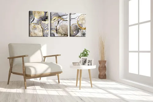Vista 4 de Arte abstracto dorado para pared, 3 piezas, arte moderno enmarcado en blanco y negro, gris, oro, tinta fluida, anillos anuales, imágenes, lienzo