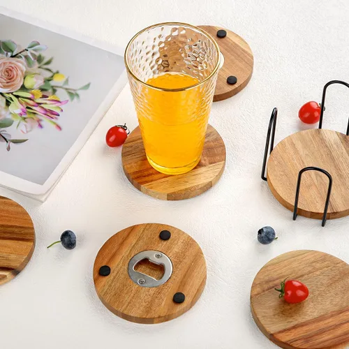 Vista 3 de WLWNWFT Posavasos de madera para bebidas con soporte para abridor de botellas, juego de 6, posavasos de madera de acacia para mesa de café, mesa