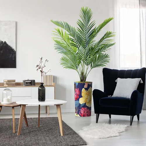 Vista 28 de Árbol artificial con diseño de hojas blancas y negras, palmera tropical areca artificial de seda para decoración del hogar en interiores y Diseño