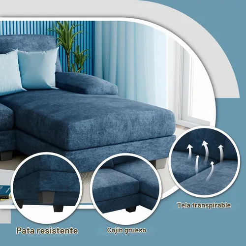 Vista 3 de Furniwell Sofá modular convertible de 4 asientos para sala de estar, sofá modular de tela moderna en forma de U, con diván doble y espuma Azul