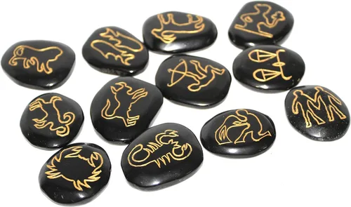 Vista 3 de Juego de signos solares del zodiaco de jaspe negro, piedra preciosa grabada con reiki, terapia de cristal curativo A++ con bolsa de preocupación