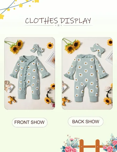 Vista 8 de Ropa de bebé recién nacida para niña, ropa de manga larga con volantes y diadema, ropa de bebé para niñas