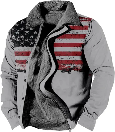 Vista 31 de LOAIHA Chaqueta de invierno para hombre, chaqueta de bandera estadounidense, abrigos occidentales para hombre, con cremallera, forro polar cálido