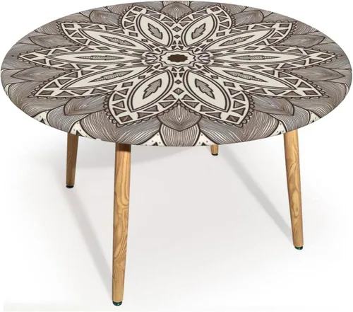 Vista 12 de Mantel redondo de mandala marrón, cocina, comedor o exterior, impermeable y lavable, mantel redondo con bordes elásticos, marrón castaño beige, se