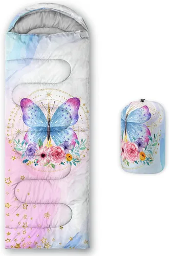 Vista 21 de QOOMO Saco de dormir para camping, 3 estaciones, clima cálido y fresco, ligero, saco de dormir impermeable para adultos y niños, viajes y al aire
