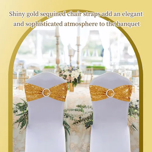 Vista 4 de 50 bandas de lentejuelas para silla de 5.9 x 13.78 pulgadas, color dorado, para decoración de silla brillante para bodas, banquetes, fiestas