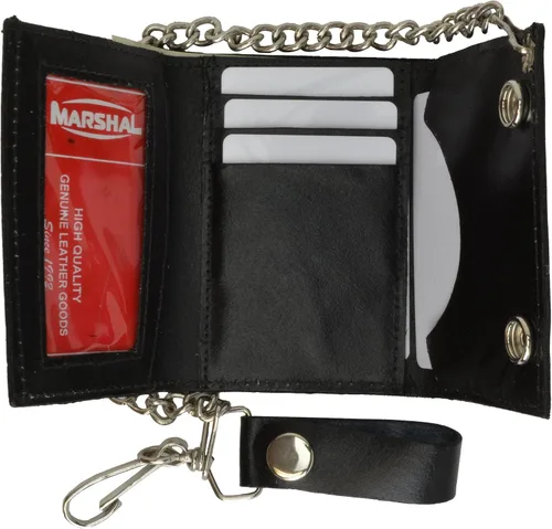Vista 2 de Cartera de motociclista de piel auténtica negra con diseño de calavera de cadena, Negro -, Billetera triple