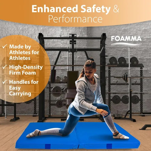 Vista 4 de Foamma Colchoneta de gimnasia – 4 pulgadas x 2 pies x 6 pies, almohadilla de aterrizaje plegable azul para niños y adultos, de alta densidad e