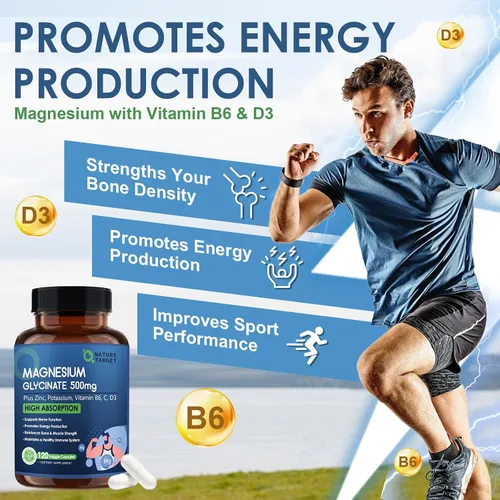Vista 5 de NATURE TARGET Glicinato de Magnesio 500mg, Magnesio Quelado con Zinc y Vitamina D3 para Músculos, Nervios y Huesos, Apoya la Salud del Corazón