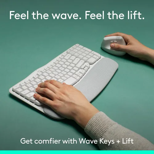 Vista 2 de Logitech Wave Keys & Lift Vertical Mouse - Combo de teclado y mouse inalámbrico ergonómico - con reposo de palma acolchado, Easy-Switch, Bluetooth