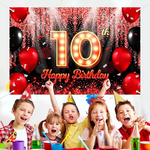 Vista 3 de Telón de Fondo Banner de Feliz 10º Cumpleaños Tema Negro y Rojo con Fondo de Neón Brillante y Moda para Fiesta de Cumpleaños Fotografía Accesorio