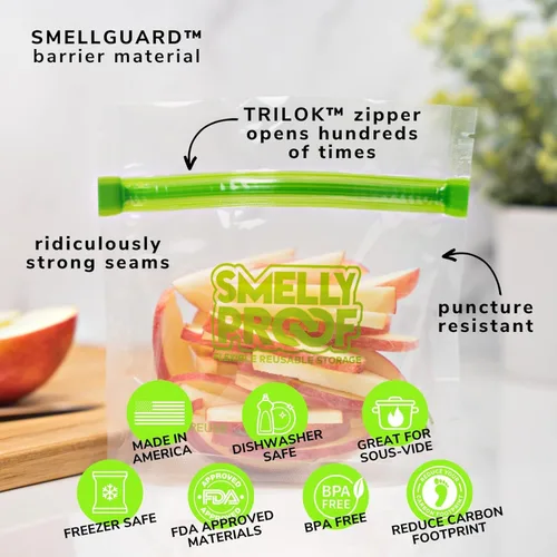 Vista 6 de Smelly Proof 50 bolsas reutilizables de almacenamiento de alimentos expandibles de pie y relleno, fabricadas en Estados Unidos, sin PEVA ni BPA