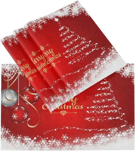 Vista 8 de Juego de 4 manteles individuales con diseño de árbol de Navidad, diseño de árbol de Navidad, resistentes al calor, manteles individuales lavables