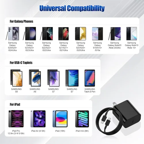 Vista 4 de Cargador súper rápido de 25 W con cable tipo C de 10 pies, enchufe de bloque de carga de pared USB C y cable de cargador de teléfono Android largo