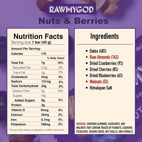 Vista 3 de RAWMYGOD Barras de Frutas y Nueces, Sin Gluten, Veganas, Sin Azúcar Añadida