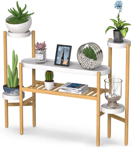 Vista 11 de Estantería de bambú Wisuce para interiores, mesa de 2 niveles de altura para ventana, soporte para múltiples plantas..