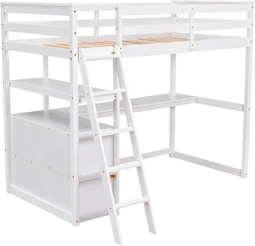 Vista 5 de Merax Cama tipo loft de madera de tamaño individual con escritorio en forma de L, 2 cajones integrados/2 estantes, cama tipo loft multifuncional