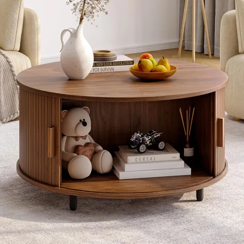 Vista 9 de ONBRILL Mesa Redonda de Café con Almacenamiento, Mesa Moderna de Café de 31.5" con Puerta Deslizante Curvada de 360°, Mesa Redonda de Centro