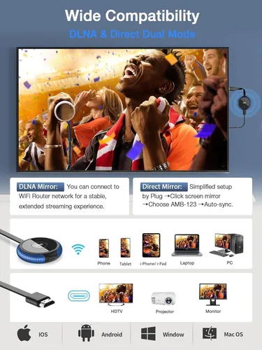 Vista 5 de AIMIBO Adaptador de pantalla inalámbrico 4K 5G – Verdaderamente Plug & Play HDMI Dongle, emitir video desde Android iOS Windows MacOS Tablet Laptop