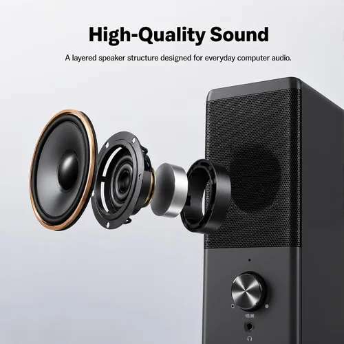 Vista 2 de ROSON Altavoz de computadora, altavoz de tamaño compacto con conector para auriculares, graves mejorados y control de volumen, altavoces multimedia