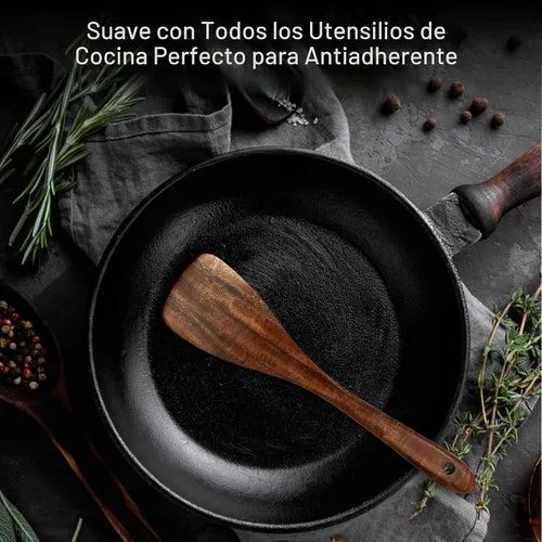 Vista 4 de Juego de utensilios de madera de teca premium, 7 cucharas y espátulas de cocina hechas a mano, antiadherentes, duraderos, resistentes al calor