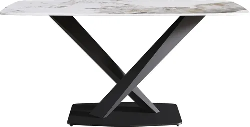 Vista 7 de Mesa de comedor moderna, mesa de comedor de piedra sinterizada blanca antigua con base de acero al carbono sólido en forma de X, mesa de comedor