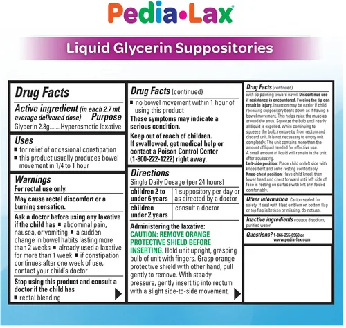 Vista 8 de Pedia-Lax Supositorios líquidos de glicerina para niños de 2 a 5 años, laxante suave para aliviar el estreñimiento para niños, 6 unidades, paquete