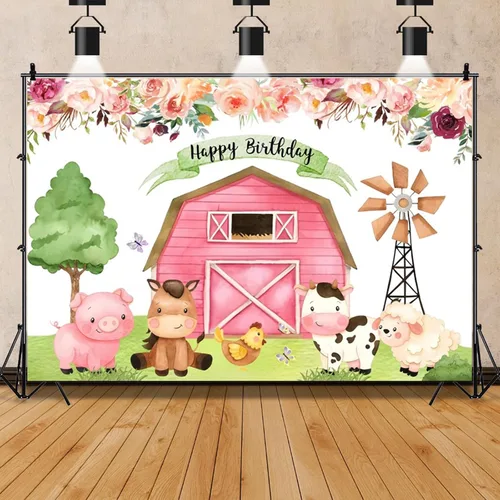 Vista 9 de Telón de fondo rojo de granero para niños, decoración de fiesta de cumpleaños, dibujos animados de animales de granja, granero, fondo de fotografía