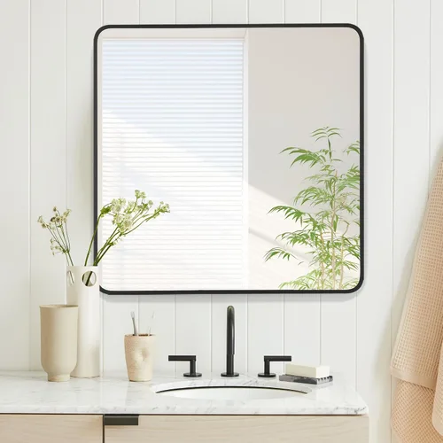 Vista 5 de Espejo rectangular de baño de 30 x 30 pulgadas con marco de metal negro, espejo rectangular de esquina redondeada para pared, moderno y grande