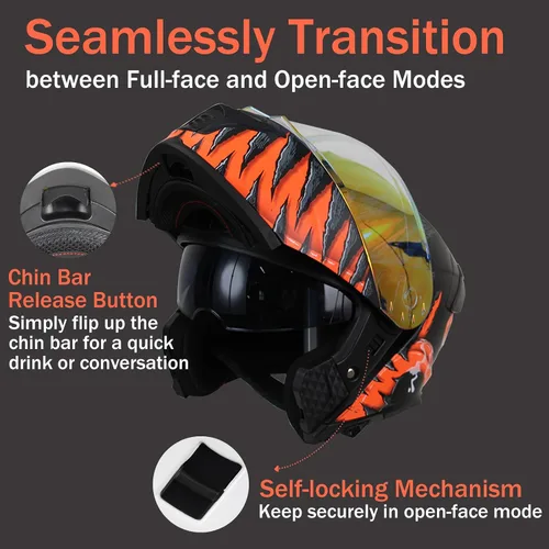 Vista 5 de Casco modular de motocicleta para hombres y mujeres, casco de motocicleta abatible de doble visera, aprobado por DOT, casco de cara completa