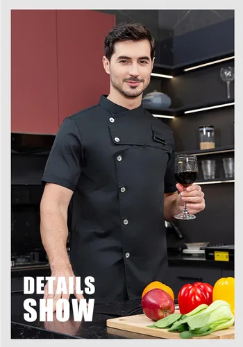 Vista 5 de Chaqueta de chef de moda para hombre, transpirable, transpirable, con ventilación oculta, uniforme de chef (abrigo+delantal)