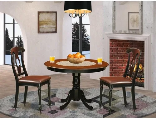 Vista 2 de East West Furniture HLKE3-BCH-LC Juego de mesa y sillas de cocina de 3 piezas contiene una mesa de comedor redonda con pedestal y 2 sillas tapizadas